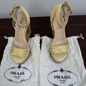 PRADA Platform Cork Cut Out Wedge Strappy Sandals